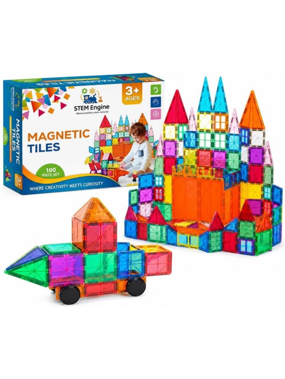 100 Pc Magnetic Building Tiles Set for Kids - Creative STEM Learning Blocks